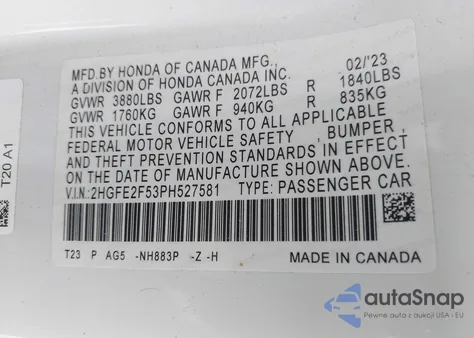 2023 Honda Civic Sport z USA, uszkodzony, nr VIN 2HGFE2F53PH527581